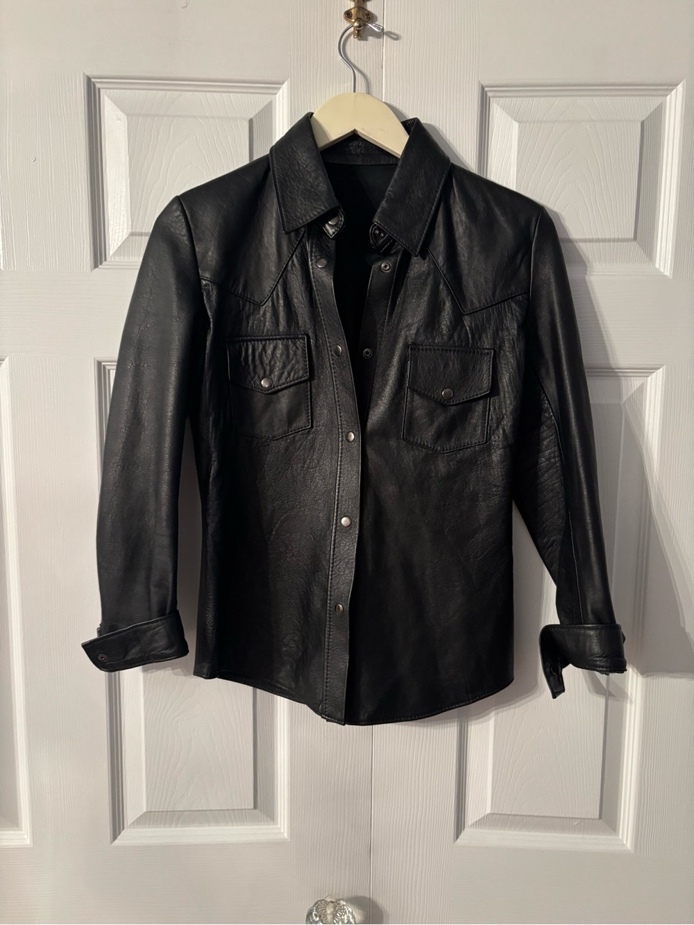 Black Leather Snap-Front Shirt Jacket